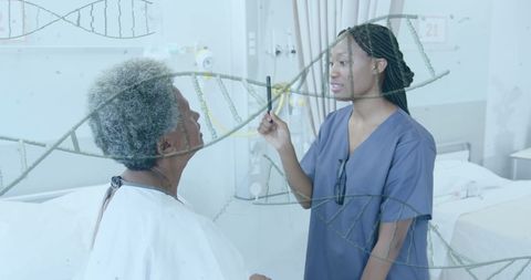 Doctor examining senior patient's sight with dna overlay