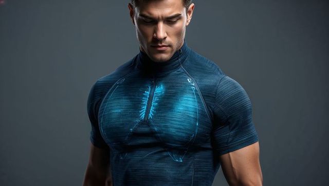 Athletic man wearing smart compression shirt with glowing lung graphic for fitness tech