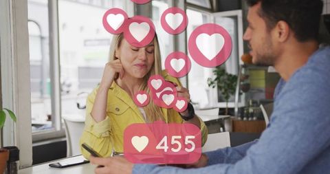 Enjoying coffee with heart reacts and social interaction