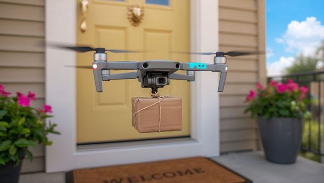 Residential drone delivering parcel at front door hovering for contactless home delivery