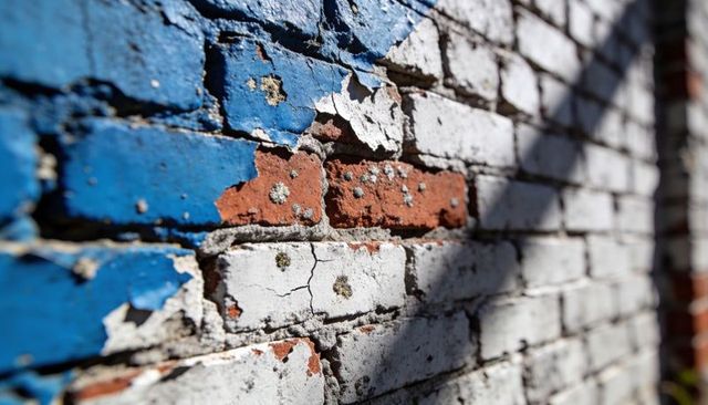 Urban peeling paint brick wall showing red brick and crackled blue-white texture with shadow