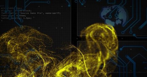 Swirling Yellow Data Cloud Over Digital Circuit HUD with Globe, Code and Analytics Overlay