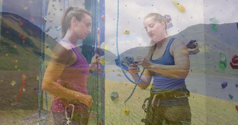 Women Rock Climbing with Double Exposure Landscape Overlay