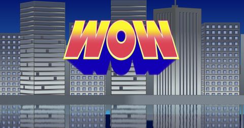 Vivid wow sign over modern cityscape