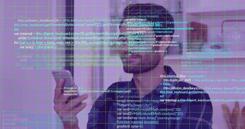 Developer Holding Phone Wearing Glasses Facing Mirror Overlaid with Code and Cyan Grid