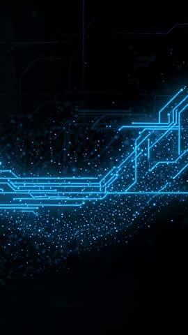 Vertical Tech Motion: Blue Neon Circuit Network Branching with Streaming Particle Flow