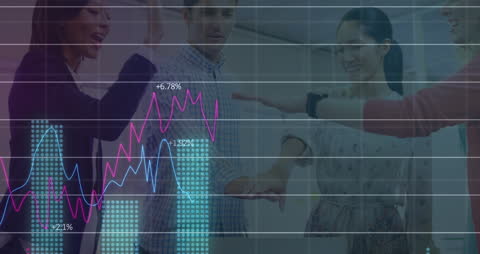 Diverse Team Celebrating Growth with overlaid Graphs