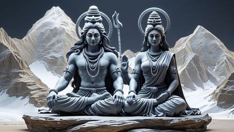 Sacred Deity Couple Model Representing Divine Union Amidst Rugged Peaks