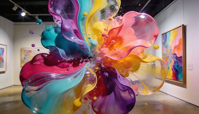 Vibrant glossy petal-splash sculpture suspended in modern gallery with framed abstracts