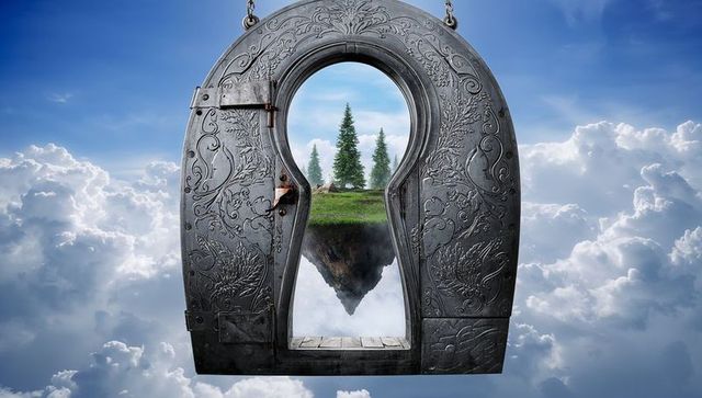 Mystical keyhole portal floating above clouds