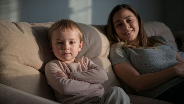Toddler crossing arms on sofa while mother relaxing and smiling in sunlit living room