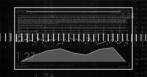 Monochrome HUD Display Showing Hatched Area Chart and Binary Bar Markers for Data Analytics