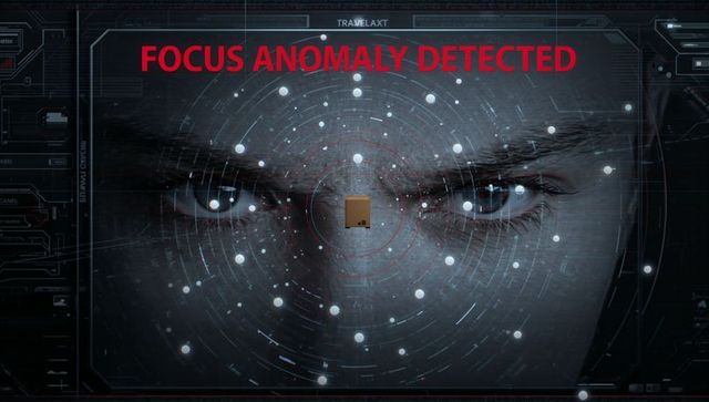 Futuristic biometric face scan with circular hud reticle, data nodes and red alert