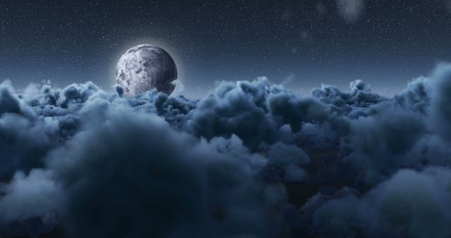 A surreal landscape presents a full moon looming over a sea of clouds under a starry night sky, with copy space. The scene evokes a sense of tranquility and the vastness of the natural world.