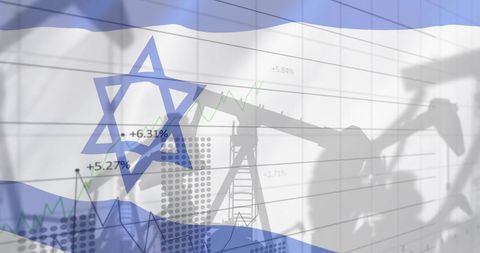 Israeli Flag with Oil Rigs and Financial Graphs Concept