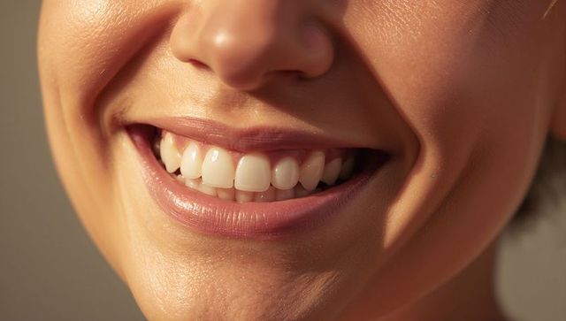 Smiling woman showing white teeth and dimple, close-up mouth with natural skin texture