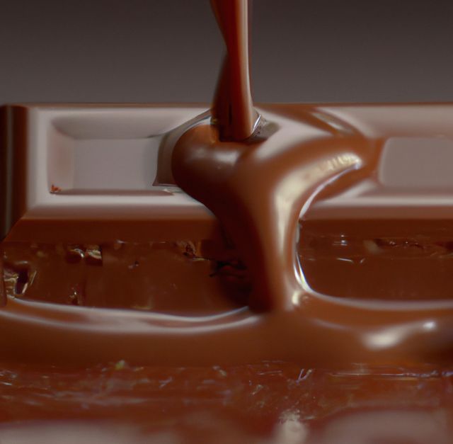Visually appealing closeup of melted chocolate pouring over a chocolate bar, perfect for use in marketing materials, food blogs, confectionery advertisements, and gourmet dessert promotions. The image captures the creamy texture and rich appeal of chocolate, which can entice viewers and customers.
