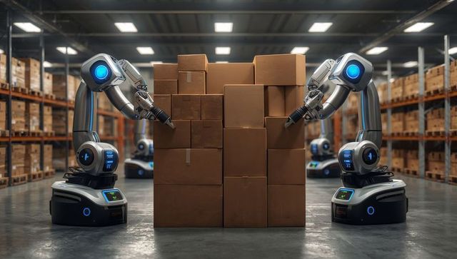 Autonomous robotic arms stacking cardboard boxes in modern warehouse automation