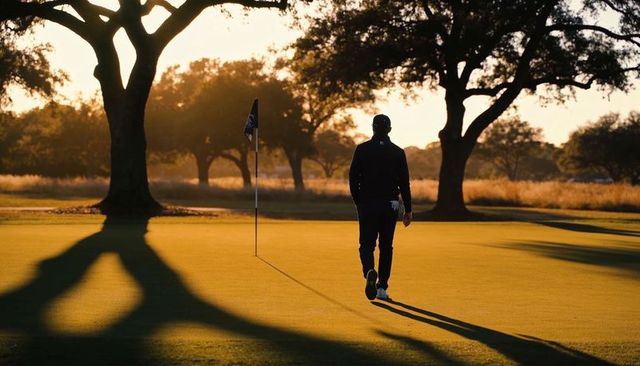 Golfer walking toward flag on putting green at sunset casting long tree shadows