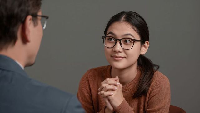 Young woman listening attentively in interview, wearing glasses and brown sweater portrait