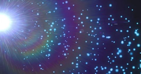 White-blue starburst emitting radiant rays over purple cosmic field with glowing bokeh