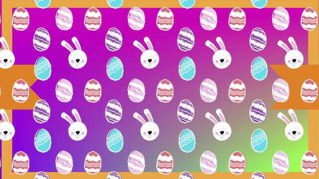 Abstract design featuring playful Easter eggs and bunny faces pattern. Vibrant colors on gradient background make it perfect for digital projects related to Easter and spring celebrations. Suitable for use in web designs, invitations, greeting cards, and holiday themes.