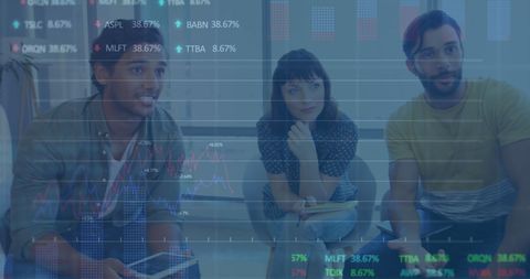 Diverse colleagues engaged in stock market analysis discussion
