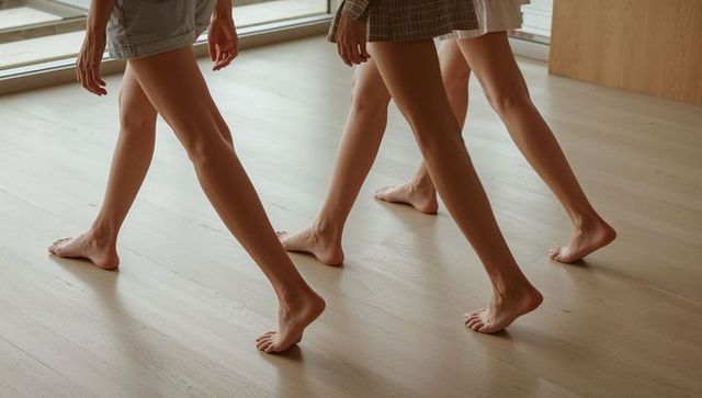 Three barefoot women walking on sunlit hardwood floor by glass doors in casual outfits