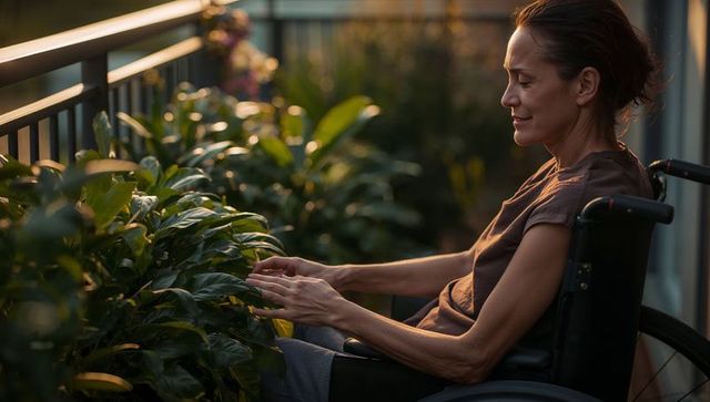 Woman in wheelchair tending balcony plants at golden hour, accessible urban garden care