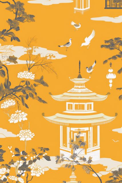 Repeatable pattern of chinoiserie on orange background, created using generative ai technology. Chinoiserie, interior design and decorative pattern concept digitally generated image.