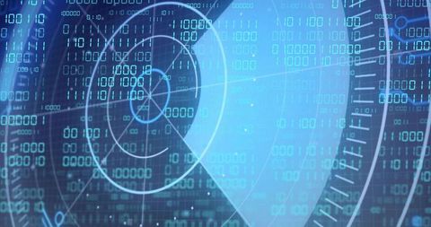 Futuristic HUD Radar Interface with Binary Matrix and Radial Reticle for Tech Dashboards