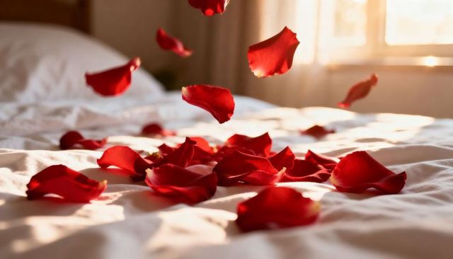 Red Rose Petals Scattering Over Sunlit White Bedding for Romantic Intimate Mood