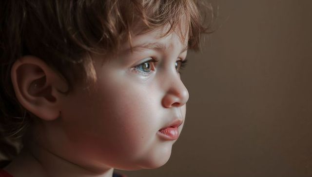 Toddler boy gazing out window closeup portrait soft natural light profile