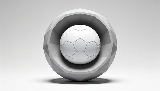 White soccer-pattern sphere nesting in low-poly faceted concrete shell monochrome minimalist