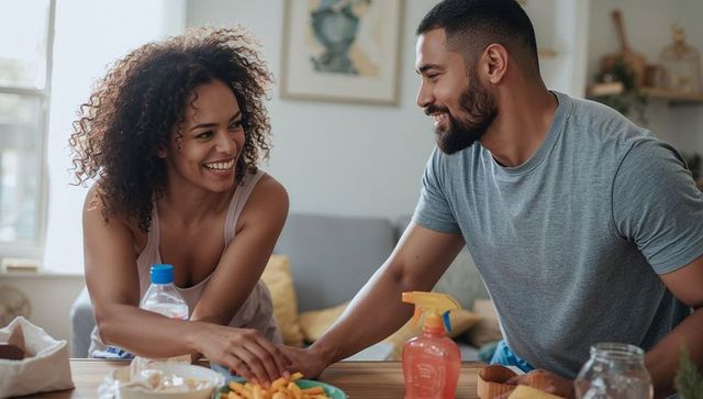 Couple sharing fries and laughing while leaning over wooden table