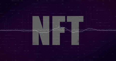 Futuristic NFT letters with white data waveform and blockchain grid on dark purple