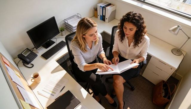 Female colleagues reviewing documents collaborating on business strategy and mentorship