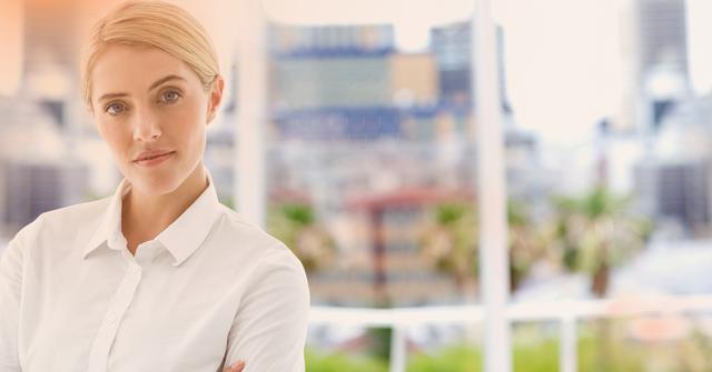 Digital composition of blonde woman standing in office