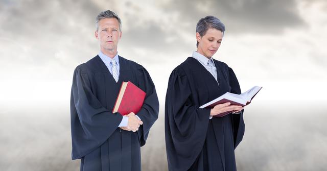 Digital composite of Judges holding books in front of sky