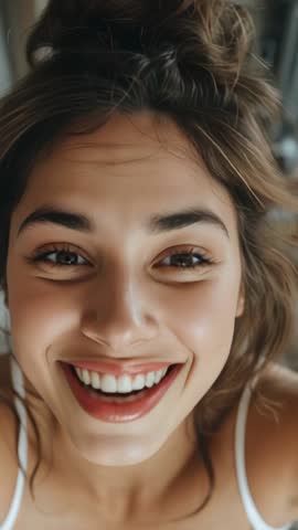 Vertical clip: woman laughing then smiling in candid joyful close-up at home