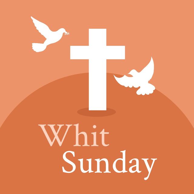 Digitally generated image of doves flying around cross with whit sunday text over colored background. digital composite, symbolism, and religion concept.