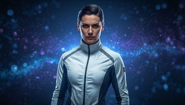 Female athlete standing confident facing camera wearing high-collar zip jacket cosmic backdrop