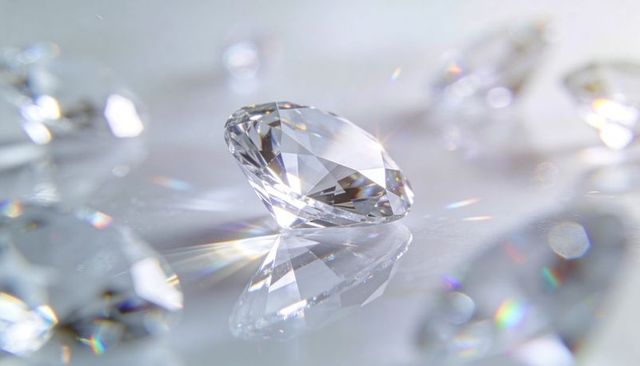 Brilliant-cut diamond reflecting on glass surface with prismatic light and soft bokeh