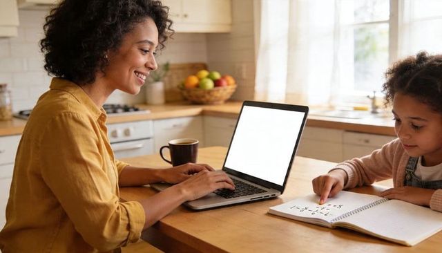 Mother working on laptop while helping daughter with math homework at bright kitchen table