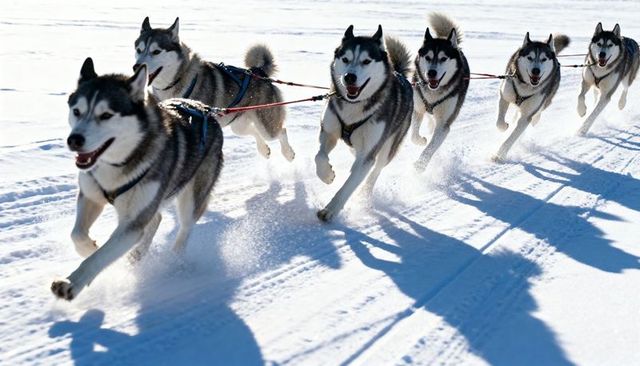 Husky sled team racing across snowy plain at full speed