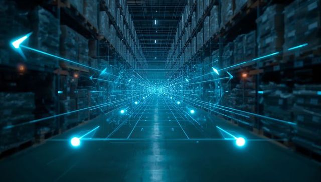 Futuristic Neon Grid and Arrows in Warehouse Aisle, AI Digital Technology