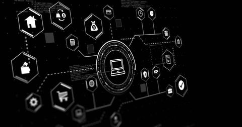 Monochrome fintech network interface with central laptop node and connected hex icons