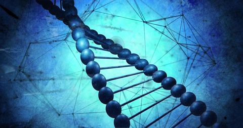 Twisting dna double helix with digital wireframe grid blue futuristic biotech visualization