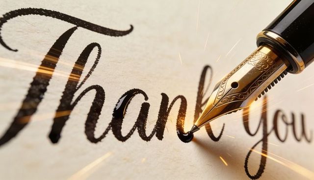 Gold fountain pen writing glossy thank you calligraphy closeup with sparkling highlights