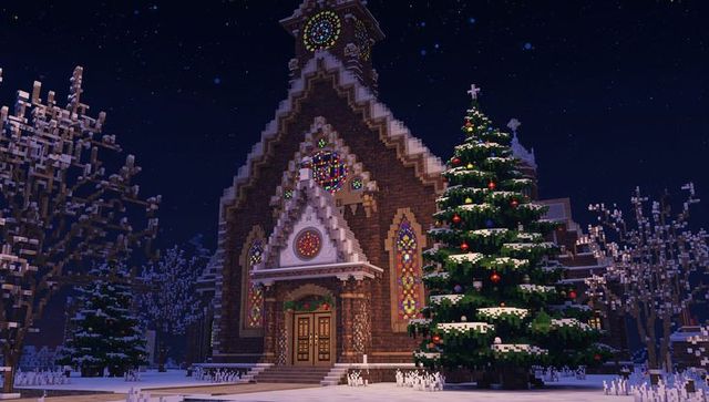 Glowing voxel cathedral with clock tower and decorated christmas tree in snowy night